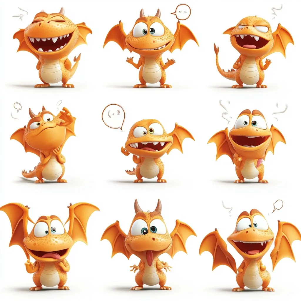 Here's a description of the image:

The image showcases nine adorable, cartoonish orange dragons, each exhibiting a different playful expression and pose.  They are depicted against a white background, emphasizing their vibrant colors and features. Their expressions range from happy and mischievous to confused and silly, creating a series of charming character expressions suitable for animation or emojis. Each dragon is small and stout with large, expressive eyes and wide wings. The overall style is bright, cheerful, and appealing to a young audience.