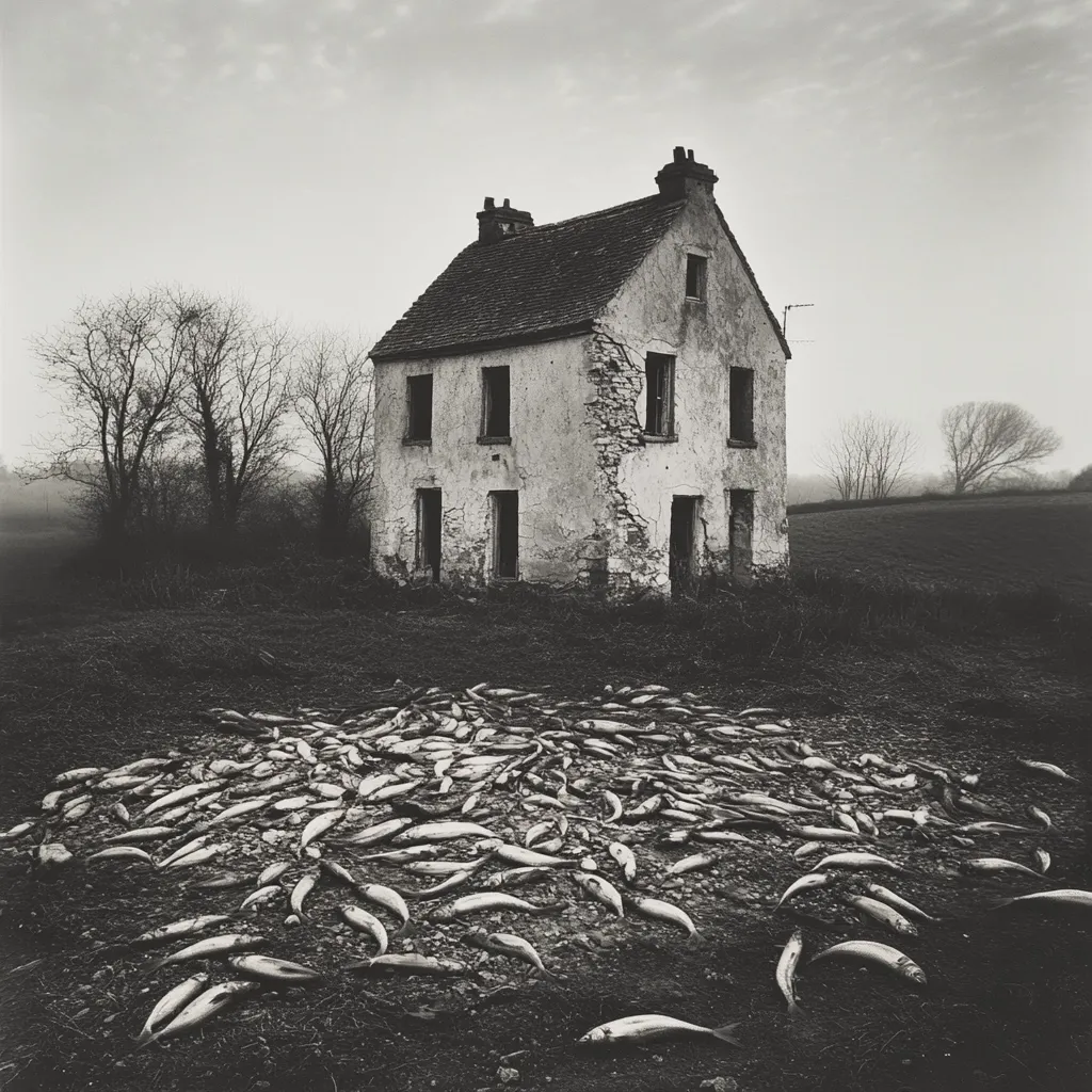 Here is a description of the image:

A stark black and white photograph depicts a desolate scene. A crumbling, two-story farmhouse stands in the center, its windows dark and empty, its walls showing significant deterioration.  The house is situated in a barren field, with leafless trees in the background hinting at a bleak winter season. In the foreground, a large number of dead fish are scattered across the ground, creating a stark contrast to the decaying building. The overall mood is one of decay, abandonment, and environmental distress. The image's composition emphasizes the solitude and the unsettling juxtaposition of the ruined structure and the mass of dead fish.
