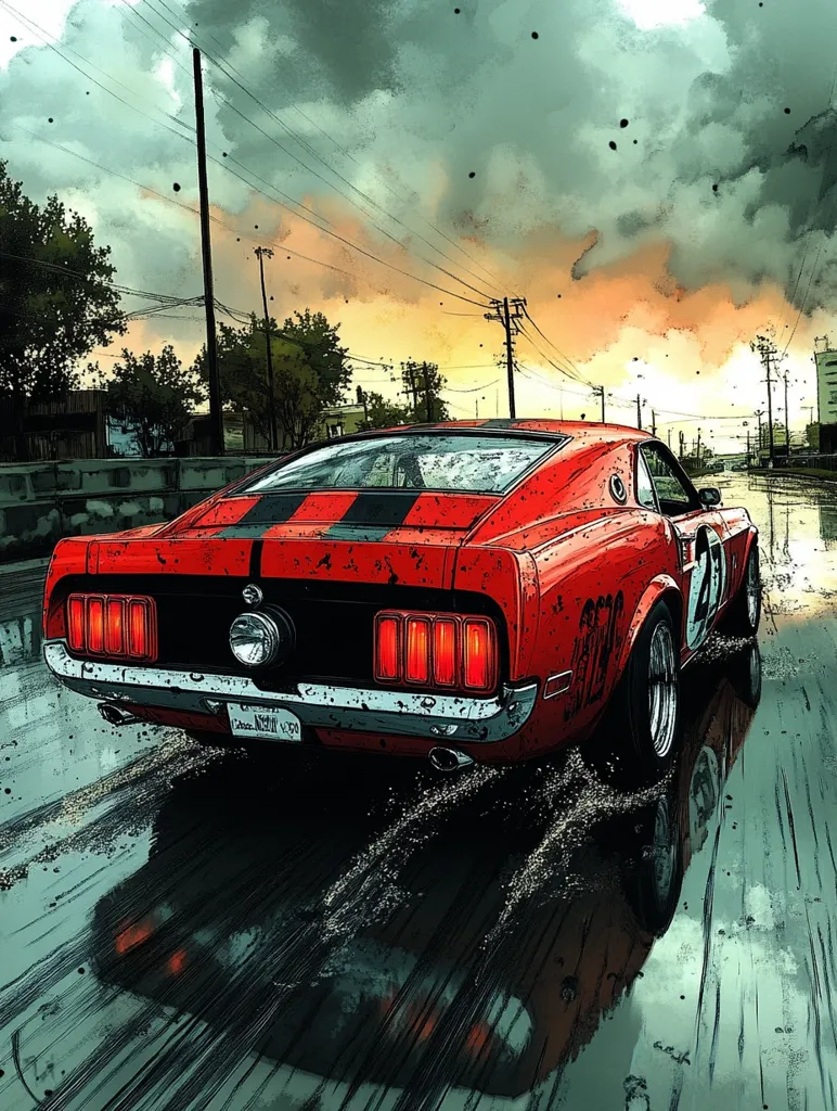 Here's a description of the image:

A vibrant illustration depicts a classic red Ford Mustang speeding down a rain-slicked road at sunset. The car is slightly weathered, adding to its rugged charm.  The backdrop features a muted cityscape with power lines and trees under a dramatic, cloudy sky. The motion blur trailing the car emphasizes its speed, while the wet road reflects the car's taillights and creates a dynamic sense of movement. The overall style is a blend of realism and graphic novel aesthetics.