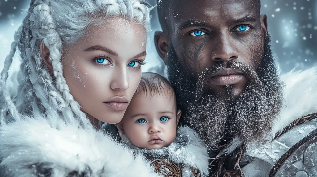 A striking image depicts a family in a wintry scene. A woman with long, braided, icy-white hair and piercing blue eyes, dressed in a fur-trimmed garment, embraces a baby with similar blue eyes. Beside her stands a dark-skinned man, also with blue eyes, a thick, snow-dusted beard, and facial markings. He wears fur and what seems to be metal armor.  The overall aesthetic is fantastical and evokes a sense of strength and cold beauty.