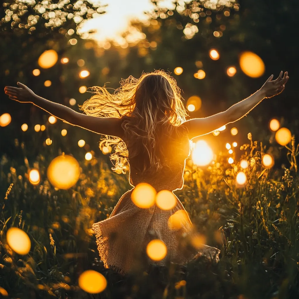 A young woman with long, flowing hair stands in a field at sunset, her arms outstretched.  The setting sun creates a warm, golden glow, bathing her in light and casting bokeh-like circles throughout the image.  She wears a flowing, light-colored dress, and the overall feeling is one of freedom, joy, and connection with nature. The scene is idyllic and peaceful.