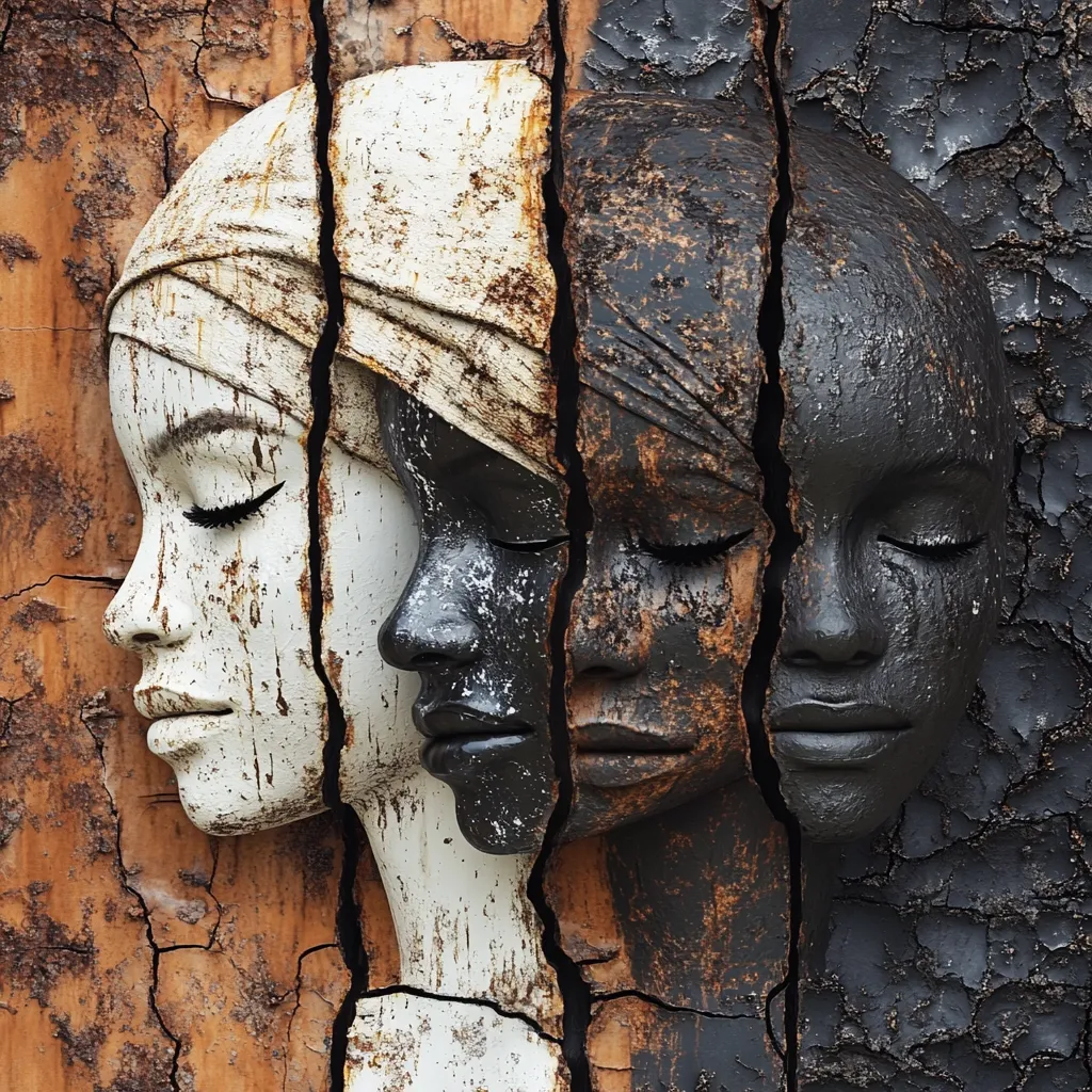 Here's a description of the image:

The artwork depicts three stylized female faces, each partially formed by cracks in a textured background. The faces are arranged in a triptych format, with each one representing a different stage of decay or transformation.  One is white, showing wear and the appearance of age; another is a dark, almost burnt appearance; the final is black.  The faces are serene with their eyes closed, suggesting a sense of peace or contemplation. The overall effect is striking, visually combining contrasting textures and colors to create a compelling piece of art. The background material looks like aged, cracked wood or metal.