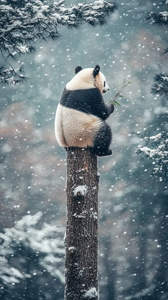 A giant panda sits perched atop a snow-dusted tree trunk in a winter wonderland.  Snow falls gently around it as the panda calmly munches on a sprig of bamboo. The scene is serene and picturesque, highlighting the panda's peaceful demeanor against a backdrop of a snowy forest.  The focus is sharply on the panda, while the background is softly blurred by the falling snow.