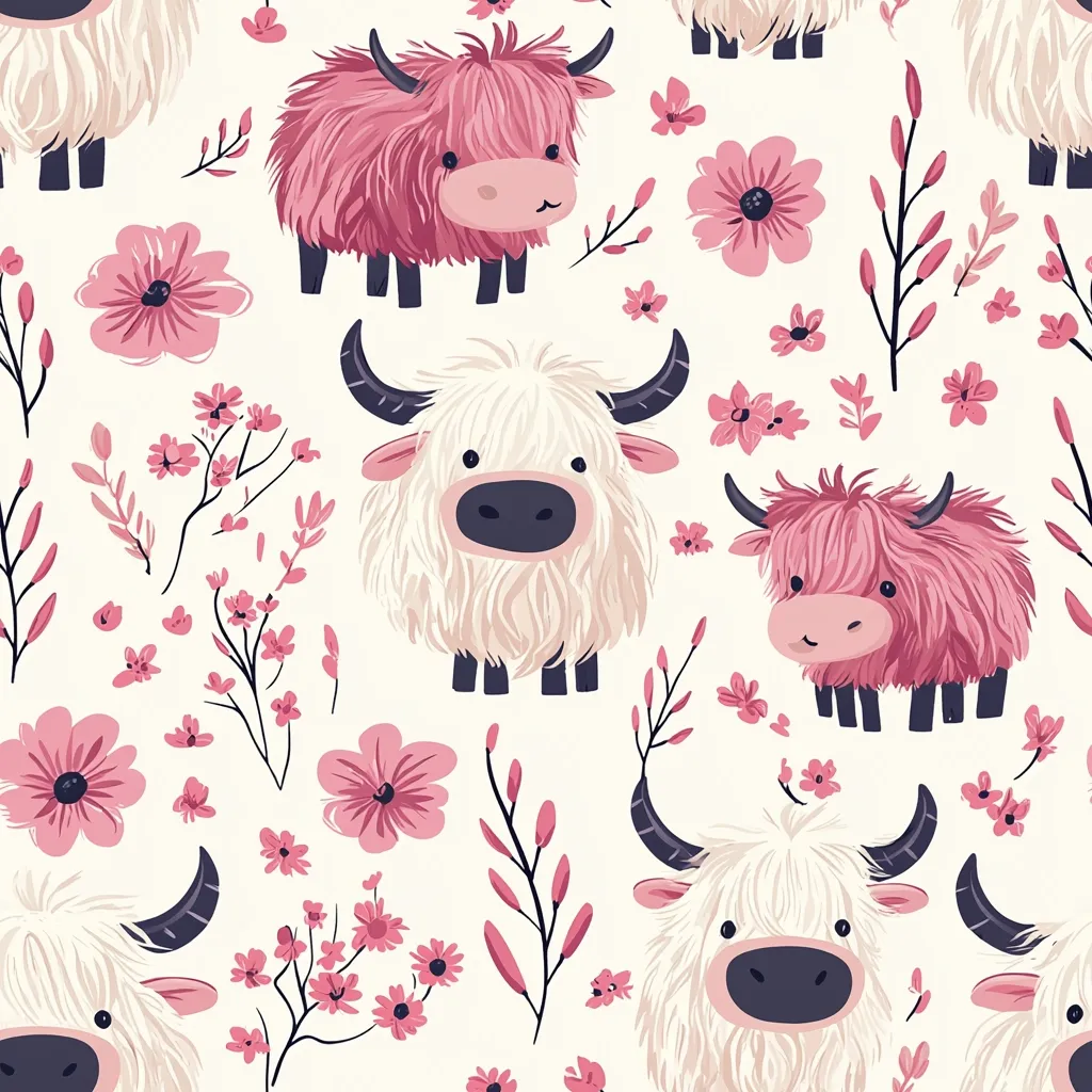 Here's a description of the image:

The image is a seamless pattern featuring adorable cartoon Highland cows and delicate pink flowers on a cream-colored background.  Pink and white fluffy Highland cows, with dark hooves and noses, are interspersed amongst stylized pink blossoms and branching stems.  The overall style is cute and whimsical, suitable for children's textiles or stationery.  The repeating pattern suggests a continuous design, ideal for fabric, wallpaper, or wrapping paper.
