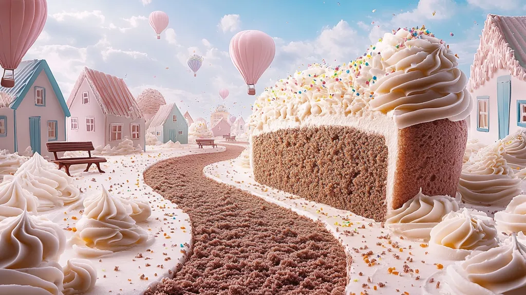 A whimsical scene unfolds, a slice of a large, frosted cake forming the landscape.  Tiny, pastel-colored houses dot the cake's crumbly surface, with a winding path leading through them. Hot air balloons drift in a pastel sky above.  The cake is lavishly decorated with swirls of frosting and colorful sprinkles.  The overall effect is one of sweet, fantastical charm.