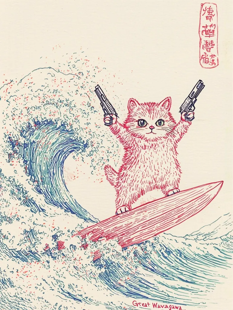 Here's a description of the image:

The illustration is a playful, stylized take on Katsushika Hokusai's "The Great Wave off Kanagawa."  A fluffy, pink cat, wielding two pistols, stands triumphantly on a surfboard riding a large wave. The style is reminiscent of woodblock prints, with detailed linework and a limited color palette of blues, reds, and creams.  Japanese characters are visible in the upper right corner. The artist's signature, "Great Wavagawa," is subtly placed in the lower right. The overall effect is humorous and slightly subversive, blending pop culture with classic art.