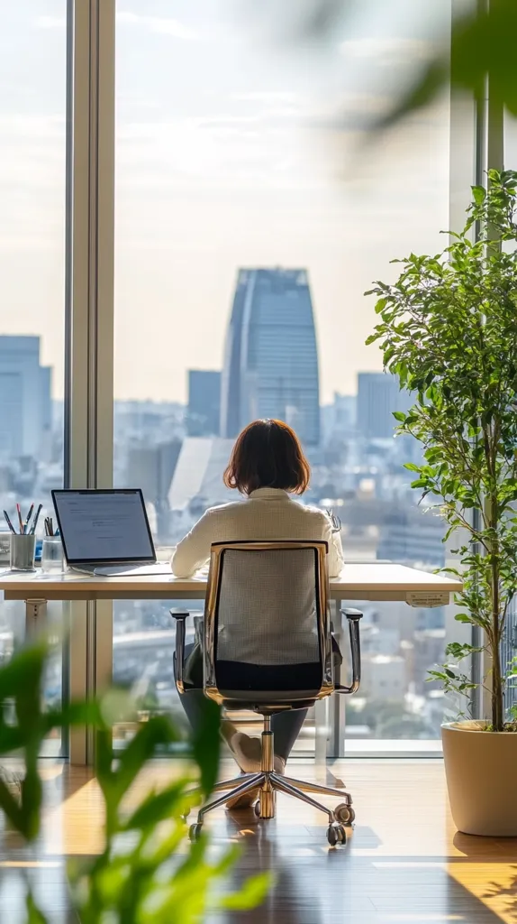 A person sits at a minimalist desk facing a large window overlooking a cityscape.  Sunlight streams in, illuminating the modern office space.  The view shows a sprawling city with skyscrapers, indicating a high-rise location. Lush potted plants are strategically placed around the desk, adding a touch of nature to the contemporary workspace.  The overall atmosphere is serene and productive.