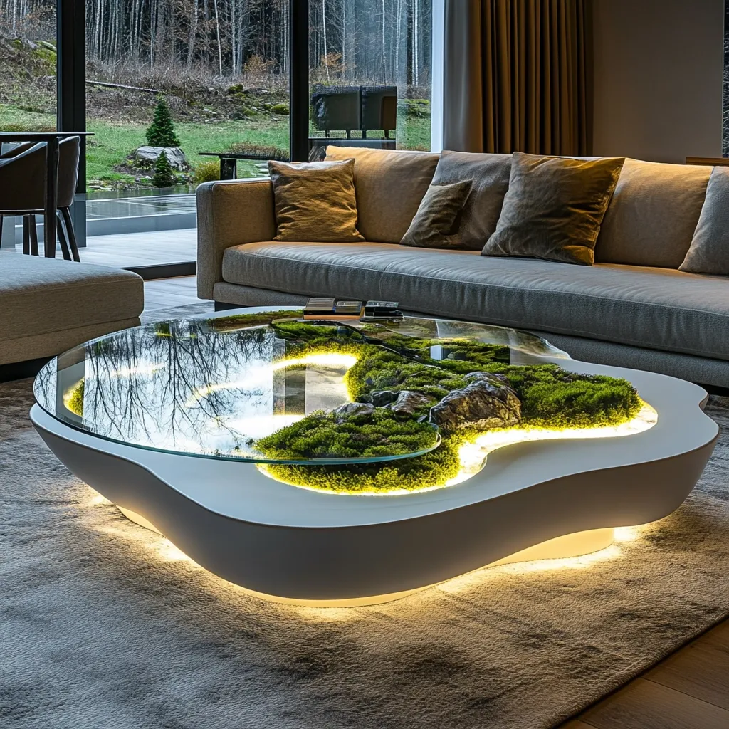 Here's a description of the image:

The photograph showcases a modern living room with a striking centerpiece: a unique coffee table.  The table's design is organic and sculpted, with a white, wave-like base.  A glass top reveals an integrated landscape of moss and small stones, subtly illuminated from below with warm LED lighting. This eco-friendly design sits on a light beige rug, in front of a large, light grey sofa with brown throw pillows.  Large windows offer a view of a tranquil outdoor scene. The overall ambiance is one of sophisticated serenity and nature-inspired design.
