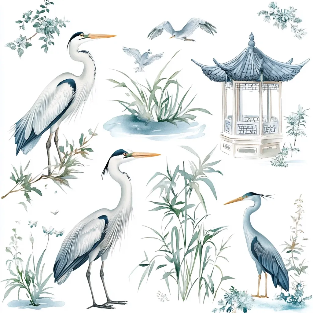 Here's a description of the image:

The watercolor painting depicts a serene Asian-inspired scene.  Three grey herons stand amidst stylized water plants and reeds. A small pond and a traditional Chinese gazebo are featured in the background.  Two smaller birds are in flight above the herons. The overall color palette is muted blues and greens, creating a peaceful and elegant atmosphere. Delicate floral accents are scattered throughout, enhancing the image's refined aesthetic. The style is reminiscent of botanical illustrations with a touch of oriental flair.