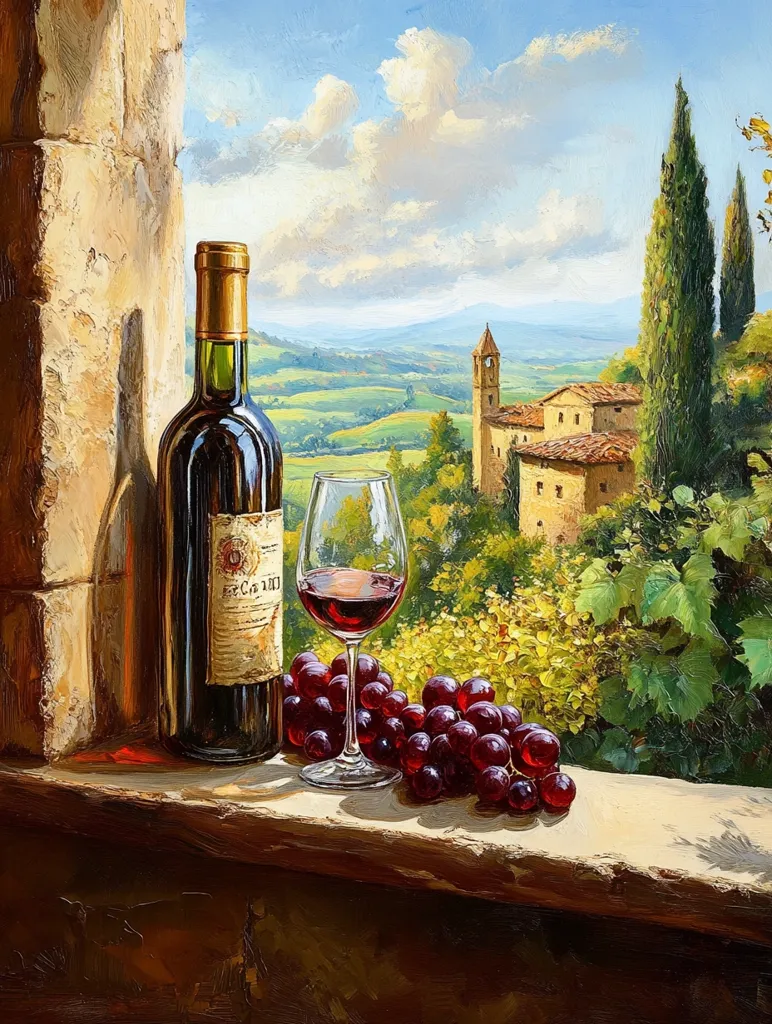 Here's a description of the image:

The painting depicts a still life scene on a stone windowsill, overlooking a picturesque Tuscan landscape.  A bottle of red wine sits beside a partially filled wine glass, both bathed in sunlight. A bunch of ripe red grapes rests nearby. The background features rolling hills, a charming stone building, and tall cypress trees, evoking a sense of idyllic Italian countryside. The overall style is realistic, with a focus on light and shadow creating a warm, inviting atmosphere.