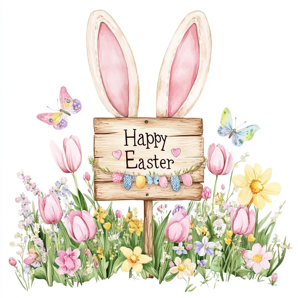 Here's a description of the image:

A watercolor illustration features a charming Easter scene.  Two pink bunny ears peek over a rustic wooden sign reading "Happy Easter," adorned with a pastel Easter egg garland. The sign is nestled in a vibrant bed of spring flowers, including pink tulips, daffodils, and smaller wildflowers. Two colorful butterflies flutter nearby, adding to the whimsical feel. The overall style is soft, delicate, and perfect for an Easter greeting card.