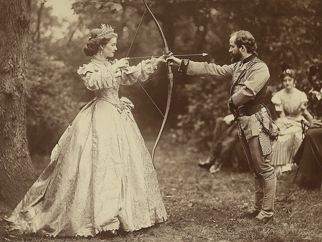 Here is a description of the image:

A sepia-toned photograph depicts a regal scene. A woman in an elaborate, long gown and a jeweled crown holds a bow and arrow, aiming it toward a man in period military attire, who is also aiming a bow and arrow. They are positioned in a wooded area, with other onlookers, one woman in a dress seated in the background, observing.  The attire suggests a historical setting, possibly a theatrical production or a royal event. The image has a timeless quality, conveying a sense of drama and elegance.