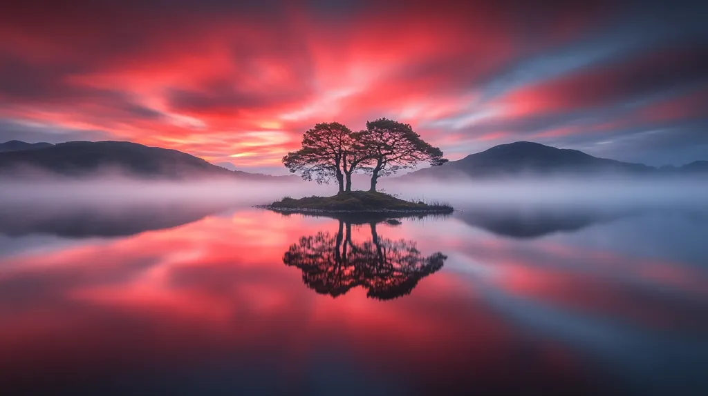 Here's a description of the image:

A breathtaking sunrise paints the sky in vibrant hues of red and orange, reflected perfectly in the still waters of a serene lake.  A small island, centrally located, holds two majestic pine trees, their silhouettes stark against the fiery backdrop.  A light mist clings to the water's edge, adding an ethereal quality to the scene.  Dark, silhouetted mountains form a tranquil backdrop, completing this idyllic and perfectly mirrored landscape. The overall feeling is one of peace and magical beauty.
