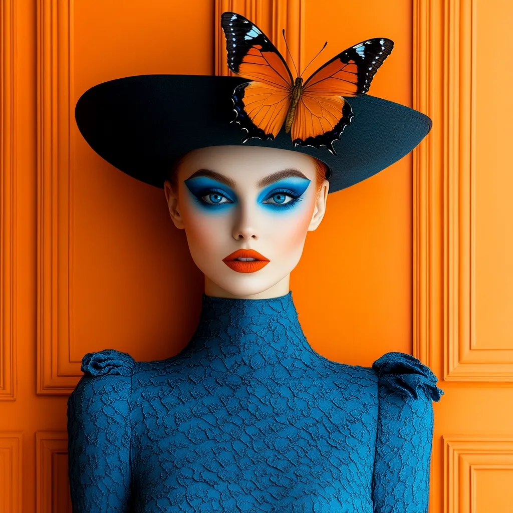 A fashion portrait showcases a woman with vibrant blue eyeshadow and orange lipstick, wearing a teal lace turtleneck and a wide-brimmed black hat adorned with a large orange butterfly.  The bold makeup contrasts sharply with the rich orange background, creating a striking, almost surreal image. The woman's expression is serious and direct, enhancing the overall dramatic effect. The composition emphasizes color and texture, creating a visually captivating and sophisticated aesthetic.