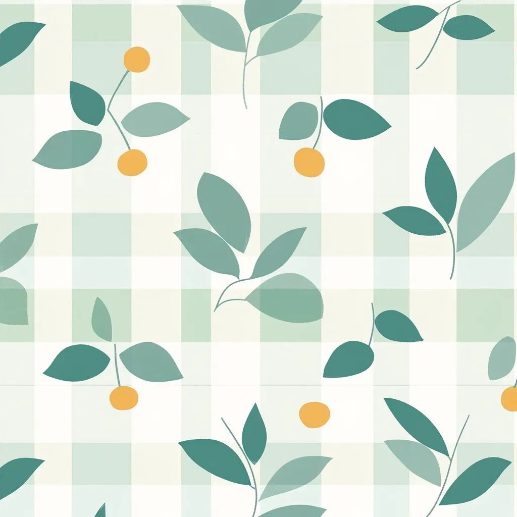 Here's a description of the image:

The image displays a seamless pattern on a pale green and white gingham background.  The pattern features stylized teal-green leaves arranged in small sprigs, some bearing single small, round, yellow-orange fruits. The leaves are depicted in varying shades of green, creating a subtle depth.  The overall style is minimalist and evokes a feeling of fresh, simple nature. The pattern is regularly repeated, creating a cohesive and calming visual effect.