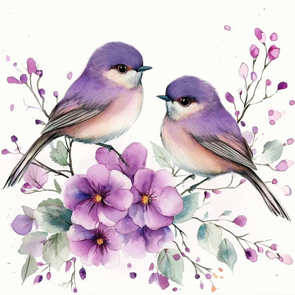Here's a description of the image:

A watercolor painting depicts two delicate, purplish-grey birds perched on a branch adorned with vibrant lavender flowers. The birds are rendered with soft, feathery detail, their bodies a blend of light purple and pale pink hues.  The flowers, possibly pansies or a similar type, are lush and bloom in clusters, creating a beautiful contrast against the birds' plumage.  The background is a clean white, emphasizing the artistry of the birds and flowers. Delicate, light green leaves and small purple blossoms surround the main floral cluster, adding depth and visual interest to the composition. The overall style evokes a sense of tranquility and gentle beauty.