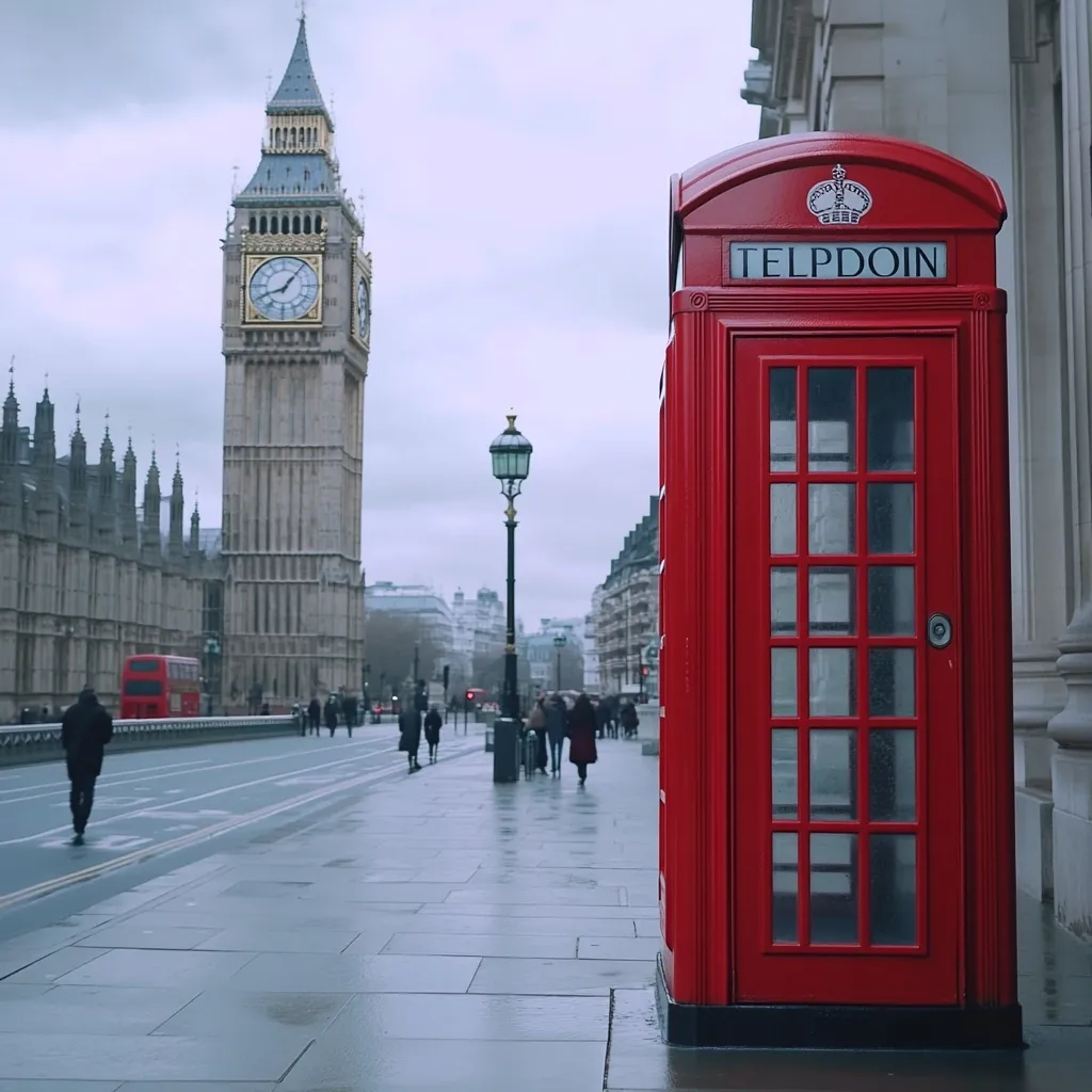 Here's a description of the image:

A classic red telephone booth stands prominently in the foreground, its "Telpdoin" inscription clearly visible.  The backdrop features a view down a rain-slicked London street, with Big Ben and the Houses of Parliament in the distance under a cloudy sky. A few pedestrians are visible, adding a sense of scale to the scene. The overall mood is quiet and atmospheric, capturing a quintessential London streetscape.  A double-decker bus is partially visible in the background. The image is sharpest in the foreground, with the background slightly blurred, creating depth.