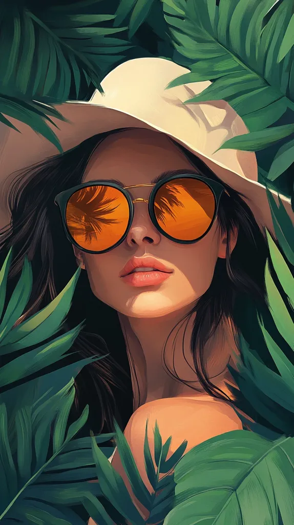 Here's a description of the image:

The illustration showcases a woman with long dark hair, partially obscured by lush, vibrant green tropical leaves. She wears a wide-brimmed, off-white hat and large, round orange sunglasses reflecting the palm trees.  The sunglasses' orange lenses contrast beautifully with her soft skin tone. Her expression is serene and calm, gazing slightly downward. The overall style is digitally painted, with a focus on smooth gradients and rich colors, creating a summery, tropical mood.  The leaves frame her face and shoulders, almost concealing her fully within the foliage.