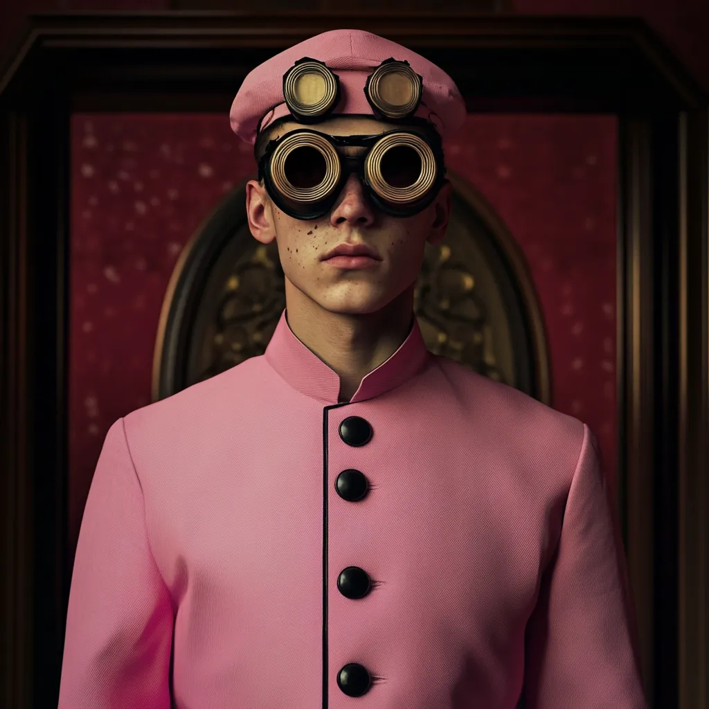 Here's a description of the image:

The photograph shows a young man, possibly a model,  wearing a vibrant pink mandarin-collared jacket with black buttons.  He sports a pink newsboy cap and large, circular, steampunk-style goggles with gold accents. His expression is serious and direct, his gaze fixed on the camera. He's standing against a dark, ornate wooden doorway with a deep red background, creating a stark contrast with his outfit.  The overall style suggests a blend of vintage and futuristic fashion elements.