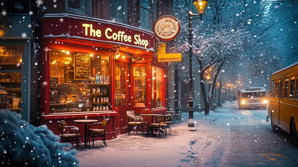 A cozy coffee shop, named "The Coffee Shop," is nestled on a snow-covered street.  Warm, inviting light spills from its windows, showcasing shelves of goods.  Outdoor seating is dusted with snow, creating a picturesque winter scene.  Snowflakes gently fall, illuminating the charming red building.  In the background, a street stretches into the distance, with softly lit buildings and a vintage-style bus adding to the quaint ambiance. The overall feel is one of peaceful, snowy charm.