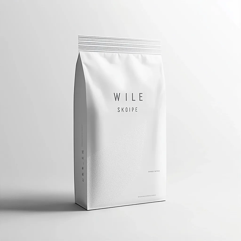 The image shows a sleek, white stand-up pouch with a minimalist design.  The brand name "WILE" is prominently displayed above "SKOIPE" in a simple sans-serif font.  The pouch appears to contain a granular substance, subtly visible through the packaging.  The overall aesthetic is clean, modern, and sophisticated, suggesting a high-quality product.  Small, barely visible text details are present at the bottom.  The background is a plain white, emphasizing the packaging’s design.