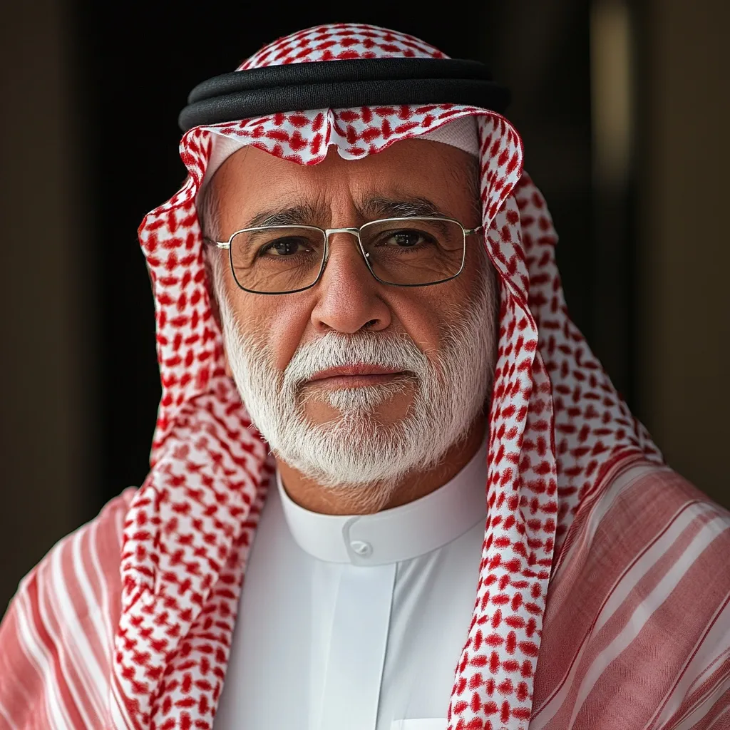 Close-up portrait of an older man with a serious expression. He wears a traditional Arab headdress (keffiyeh) in red and white, and eyeglasses.  His long, white beard is neatly trimmed, and he's dressed in a white thawb under the keffiyeh. The background is dark and blurred, focusing attention on the subject's face and attire. The overall impression is one of dignity and composure.