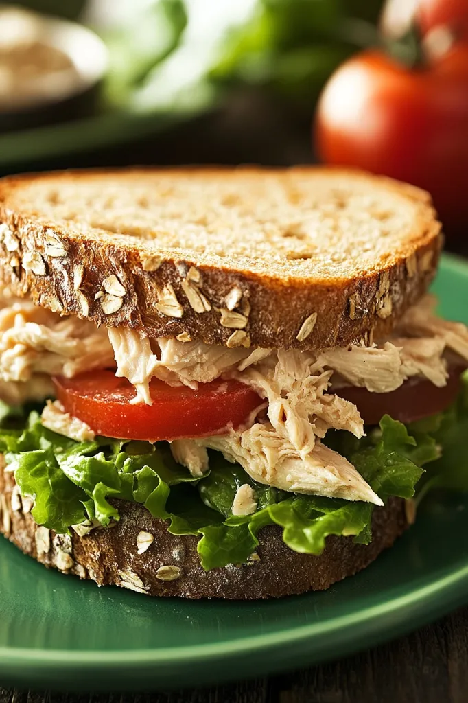 A close-up shot reveals a delectable chicken salad sandwich nestled on a green plate.  The sandwich boasts hearty whole-wheat bread studded with oats, layered with generous portions of shredded chicken salad, crisp lettuce, and juicy tomato slices. The background subtly features blurred greenery and a ripe tomato, enhancing the overall fresh and appetizing appeal of the image. The focus is sharply on the sandwich, highlighting its texture and ingredients.