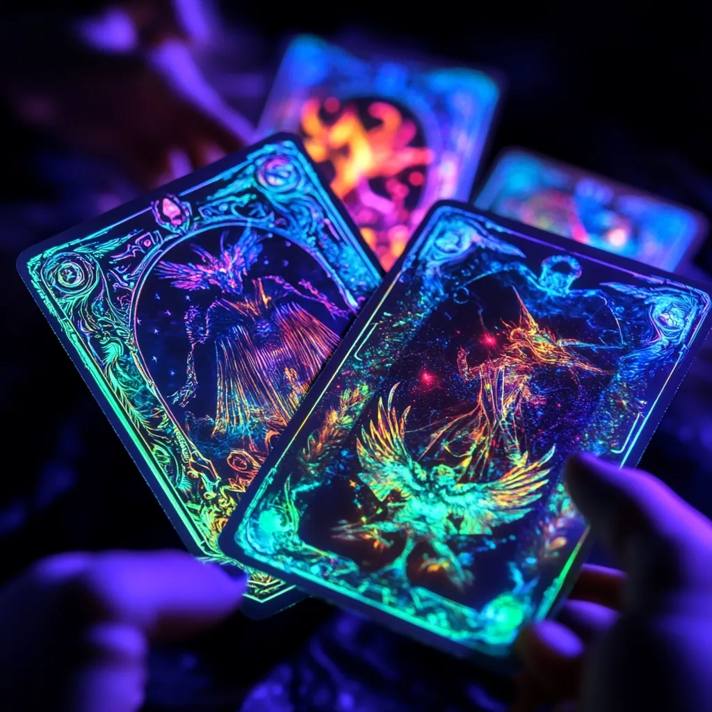 Three iridescent playing cards, or tarot cards, are held in hands under ultraviolet light.  The cards glow with vibrant, otherworldly colors—blues, greens, purples, and oranges—revealing intricate, etched designs of mystical figures.  The artwork features winged creatures and robed individuals, appearing ethereal and fantastical against a dark, starry background.  The overall effect is one of magical mystery and enchantment.