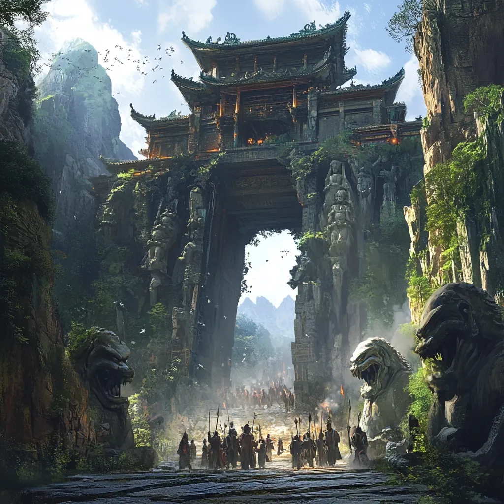 A majestic, ancient Asian-style gate, overgrown with vegetation, stands as a monumental archway between towering cliffs.  Intricate carvings adorn the stonework, and guardian-like statues flank the entrance.  A procession of figures, possibly soldiers or pilgrims, moves towards the gate, traversing a path shrouded in mist.  Birds fly overhead against a backdrop of hazy mountains, creating a mystical and atmospheric scene.  The overall impression is one of age, mystery, and perhaps a journey into a hidden, sacred place.