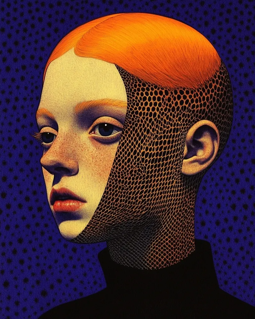 Here's a description of the image:

The artwork is a stylized portrait of a young woman with vibrant orange hair, cropped short.  A portion of her face, from her cheekbone to her neck, is covered by a textured, honeycomb-like material, rendered in dark gold and black. The woman's skin is pale, with visible freckles, and her expression is serious and slightly melancholic. The background is a deep, textured blue with a repeating pattern of small, dark stars. The overall style is hyperrealistic, with strong contrast and attention to detail. The woman is wearing a dark turtleneck.