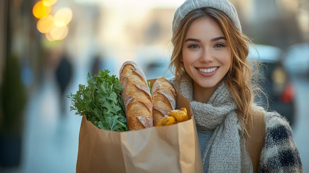A young woman with long, wavy blonde hair smiles warmly at the camera.  She's wearing a grey knit hat and scarf, and a plaid sweater.  She holds a brown paper grocery bag filled with fresh produce, including baguettes, bunches of green herbs, and bananas. The background is a softly blurred city street. The overall impression is one of healthy living and a pleasant autumn day.