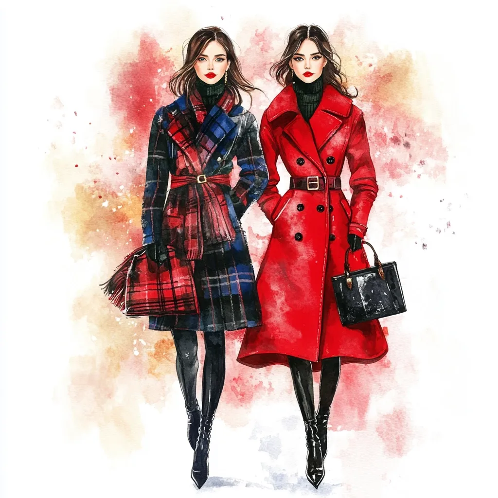 A watercolor fashion illustration depicts two stylish women. One wears a vibrant red double-breasted coat, cinched at the waist with a belt, and carries a black handbag.  The other is dressed in a sophisticated plaid coat with a matching scarf, accessorized with a similarly patterned handbag. Both women sport black turtlenecks and boots, their dark hair styled in elegant waves. The artwork is set against a soft, textured watercolor background of muted reds and oranges.