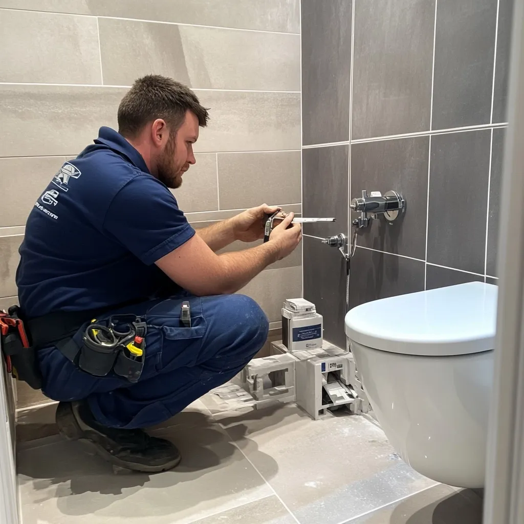A male plumber, wearing a dark blue work shirt and dark pants, kneels in a newly tiled bathroom.  He's installing a toilet, carefully measuring and aligning a component against the wall.  His tool belt is visible, and various plumbing parts and a white toilet sit nearby. The bathroom features grey and light beige tiles. The scene emphasizes precision and careful work during the installation process.