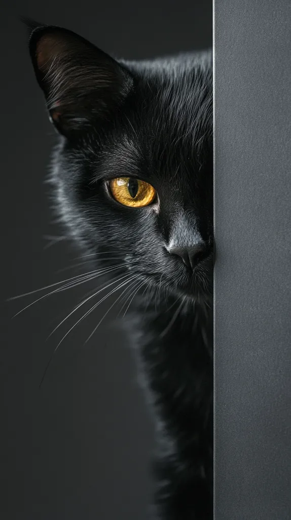 Here's a description of the image:

Close-up view of a black cat's face partially hidden behind a dark grey vertical surface.  Only one side of the cat's face is visible, showcasing its intense, bright yellow eyes and dark, sleek fur. The cat's expression is serious and alert. The dark background and the dark grey surface create a dramatic, mysterious mood. The focus is sharp on the cat's eye and facial features, while the background softly blurs.  The overall image is moody and evocative, highlighting the cat's captivating gaze.
