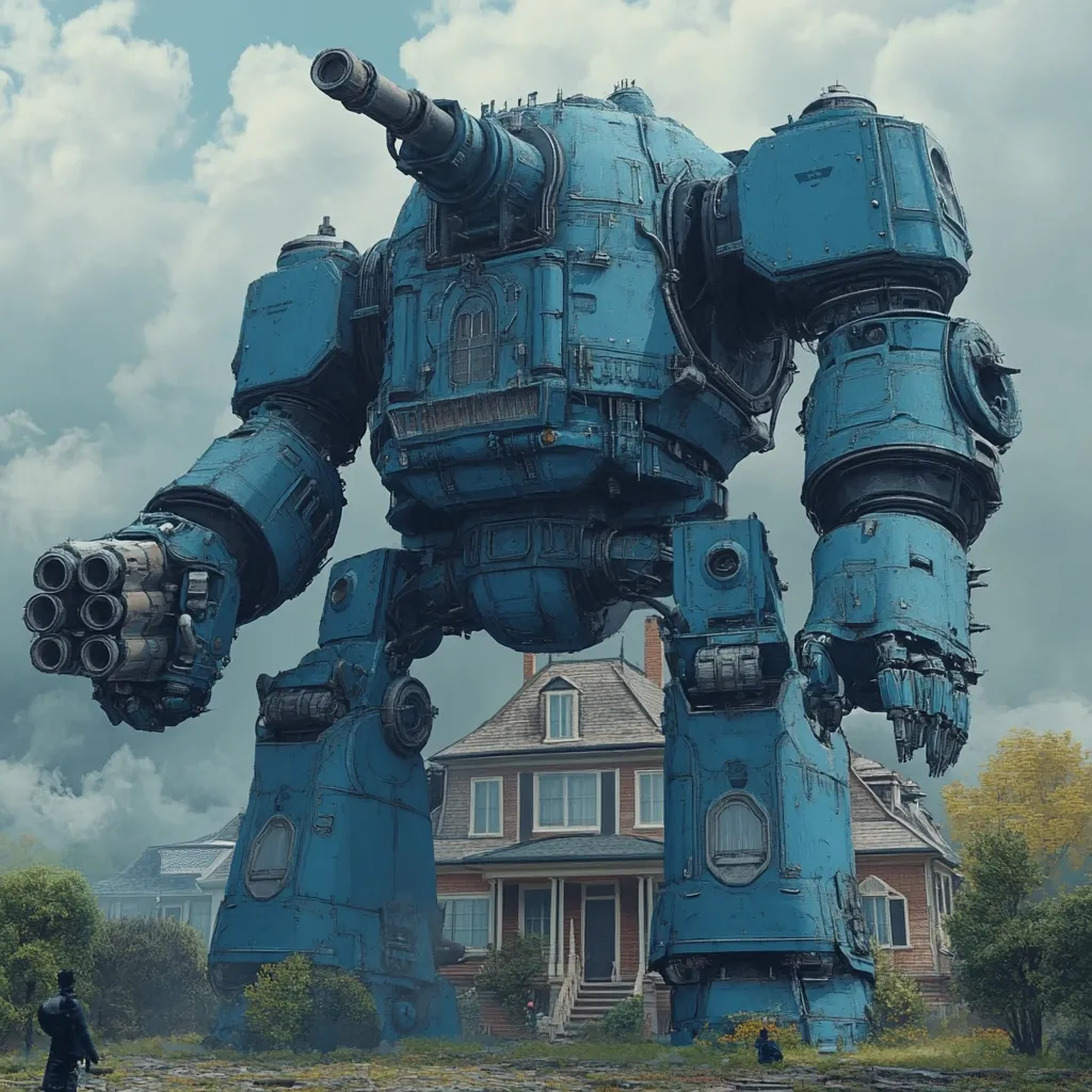 A colossal, blue, steampunk-inspired mech dominates a suburban street. Its design features rivets, portholes, and multiple weapon systems, including a large cannon and a cluster of smaller projectile launchers.  The mech towers over a two-story house and surrounding buildings, dwarfing the scale of human figures standing nearby. The scene evokes a sense of awe and potential threat, a juxtaposition of technology and domesticity under a cloudy sky.