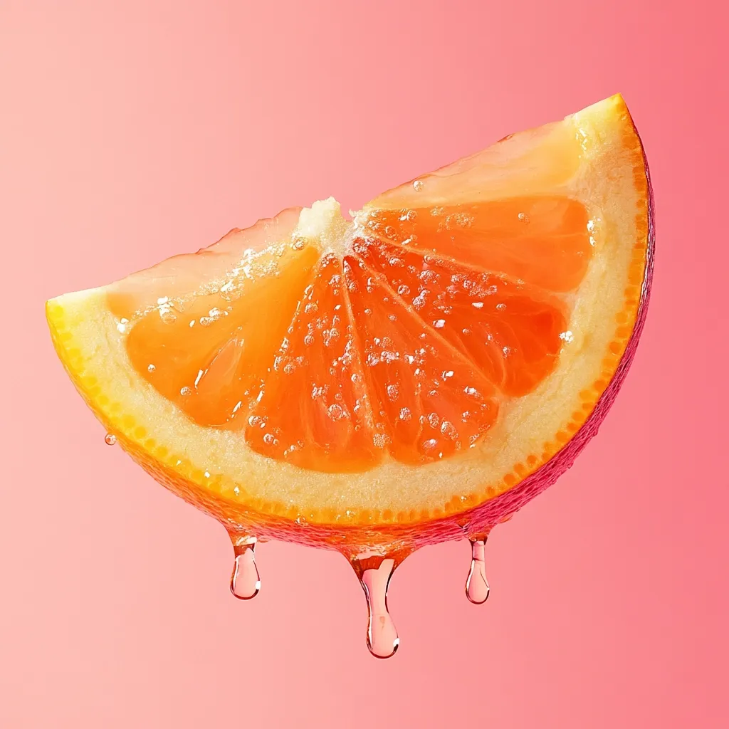 Here is a description of the image:

A juicy slice of grapefruit, possibly a pink grapefruit, is captured against a soft pink background.  The citrus segment is angled, showcasing its vibrant, translucent flesh filled with tiny bubbles, likely from carbonation or juice.  Several droplets of juice hang from its edges, adding to the sense of freshness and succulence. The overall image is clean, bright, and highly saturated, emphasizing the fruit's appealing texture and color.