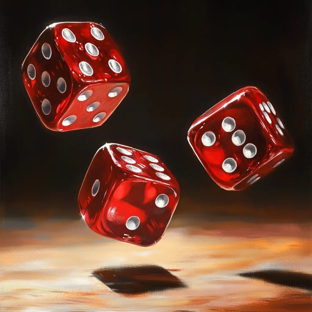 Here's a description of the image:

The painting depicts three translucent red dice in mid-air against a dark background.  They appear to be tumbling, each at a different angle and position.  The dice are highly detailed, showcasing the reflective quality of the material and the white pips clearly visible against the rich red.  The background is a dark, almost black, subtly shifting into warmer tones on the bottom where the dice seem to be falling onto a polished surface that reflects their shadows.  The overall impression is one of motion, chance, and the inherent drama of a game of dice.