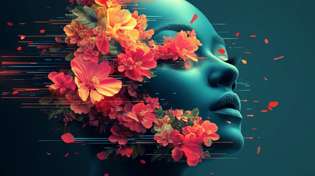 Here's a description of the image:

The artwork is a striking digital portrait of a woman's face, rendered in teal hues.  Vibrant, almost surreal, red and orange flowers bloom across her face and hair, appearing to merge with her features.  Streaks of light, resembling motion blur, emanate from the floral elements, creating a sense of dynamism and energy.  Petals drift in the background, adding to the overall ethereal and dreamlike quality of the piece. The dark teal background provides a strong contrast to the warm tones of the flowers, enhancing the overall visual impact.