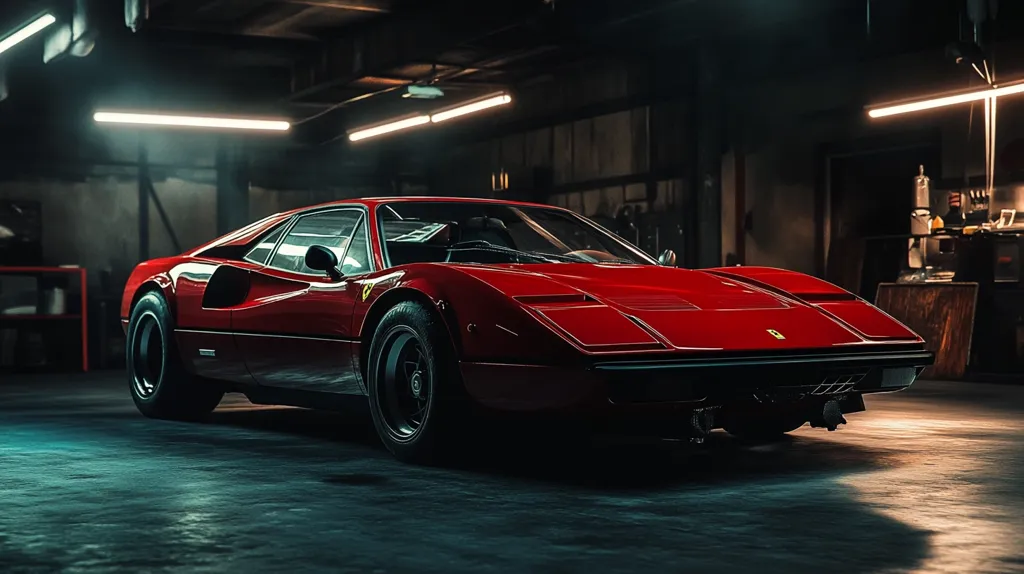 A classic red Ferrari, possibly a 308 or similar model, sits in a dimly lit garage.  The car is sharply focused, highlighting its sleek lines and metallic sheen. The garage is dark, with fluorescent lights casting a cool glow on the concrete floor.  A sense of quiet sophistication emanates from the image, emphasizing the timeless beauty of the vehicle within its industrial setting.  The background is slightly blurred, drawing attention to the Ferrari as the central subject.