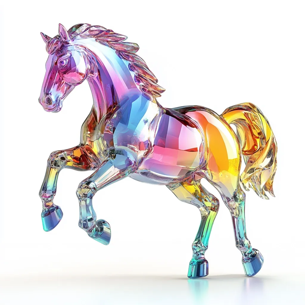 Here is a description of the image:

The image shows a vibrant, iridescent glass sculpture of a horse. The horse is depicted in mid-stride, its front legs raised. The glass is richly colored, exhibiting a spectrum of rainbow hues, including pinks, blues, oranges, and yellows, with a glossy, almost gem-like finish. The details of the horse's musculature and mane are visible through the translucent glass, and the light reflects beautifully off its surface, creating a captivating three-dimensional effect. The horse is set against a stark white background, which enhances its colorful brilliance. The overall style is modern and artistic, suggestive of a decorative or collectible piece.