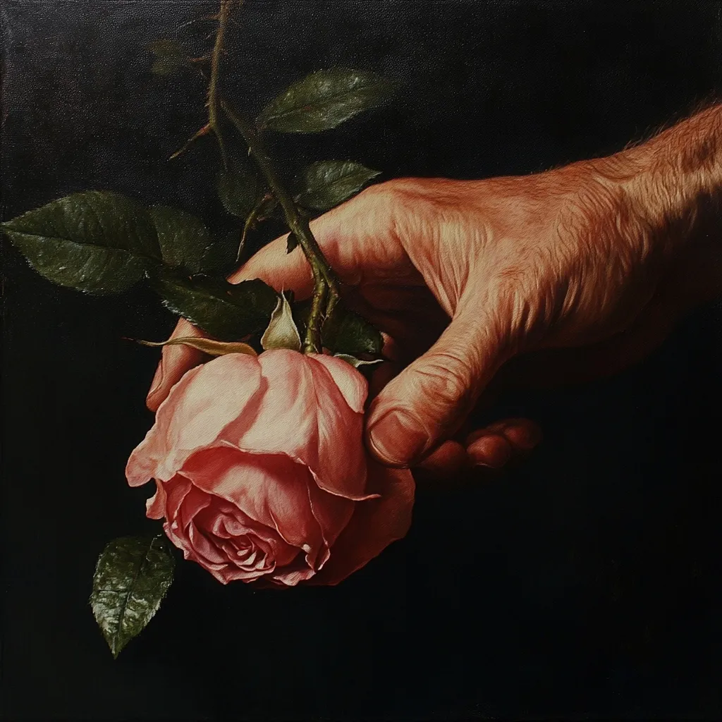 A close-up, richly detailed painting showcases a weathered hand gently cradling a delicate, light pink rose. The rose, with its soft petals and thorny stem, contrasts sharply with the rough texture of the hand.  The dark background emphasizes the subject matter, creating a dramatic, almost melancholic mood. The artist's masterful use of light and shadow creates a hyperrealistic effect, highlighting the details of both the flower and the skin. The overall impression is one of quiet contemplation and the passage of time.