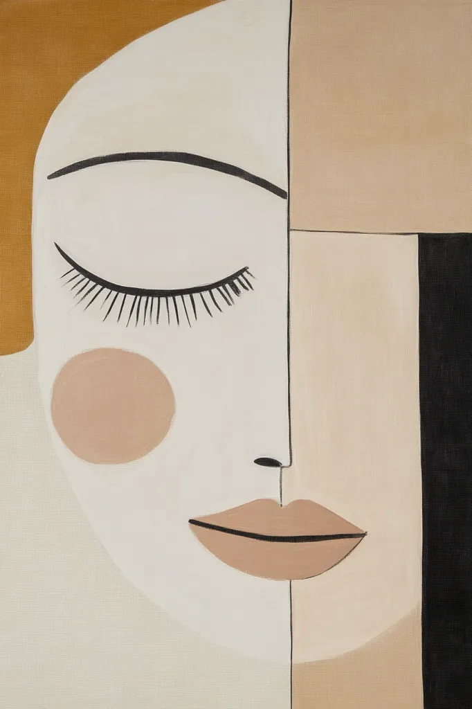 Here's a description of the image:

The artwork is an abstract portrait, seemingly of a woman's face, executed in a cubist style.  The face is rendered in muted earth tones—off-whites, beiges, and a dark brown—with clean lines and geometric shapes.  The eyes are closed, conveying serenity or contemplation.  A section of what appears to be hair, a warm orange-brown, is visible on the left.  The composition is balanced, with the face bisected by a vertical line, dividing it into two distinct yet harmonious parts.  The style is minimalist yet expressive, creating a sense of calm and introspection.