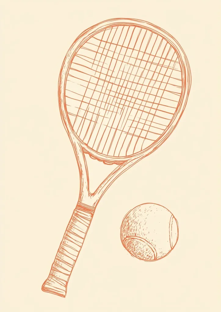 Here's a description of the image:

The image is a hand-drawn sketch of a tennis racket and ball. The racket is depicted in detail, showing the strings, handle wrapped in grip tape, and the overall shape. The tennis ball is shown separately, slightly below the racket, giving the impression of it being near the playing area. The style is simple line art, with a consistent, slightly rough texture to the lines, giving it a vintage or nostalgic feel. The color palette is muted, utilizing a pale beige background and a light orange-brown for the racket and ball.