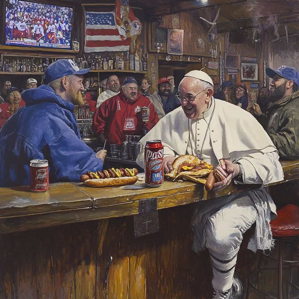 The painting depicts Pope Francis in a lively bar setting, seated at a counter next to a man in a baseball cap.  Both are enjoying hot dogs and PBR beer. The bar is bustling with other patrons watching a sports game on TV. The scene contrasts the Pope's formal attire with the casual, boisterous atmosphere of a typical American bar, creating a humorous and unexpected juxtaposition.  An American flag hangs prominently behind the bar. The overall style is realistic, capturing the textures and lighting of the scene with detail.