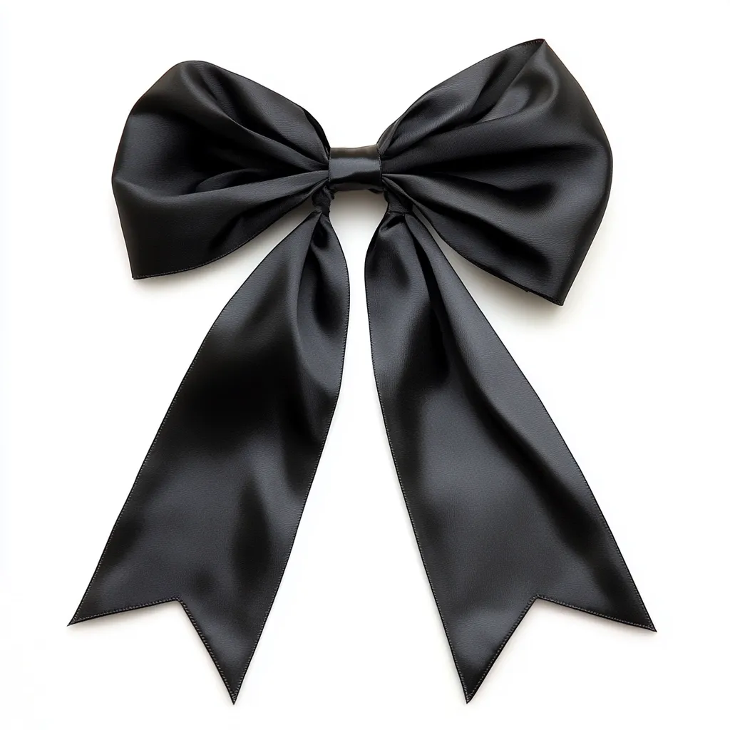 A large, elegant black satin ribbon is tied into a bow against a stark white background. The bow is meticulously crafted, showcasing the luxurious sheen and smooth texture of the satin. The ribbon's tails extend downwards, creating a pointed, almost sharp, contrast to the soft curves of the bow itself. The image is simple yet striking, emphasizing the beauty of the ribbon's form and color.