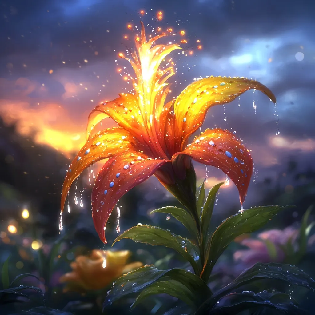 A vibrant orange lily, glistening with raindrops, dominates the image.  Its petals are a fiery hue, and a luminous, golden spark emanates from its center.  The background features a dramatic sunset sky, with soft, blurry lights suggesting a magical, enchanted garden.  Water droplets hang delicately from the petals and leaves, adding to the ethereal, dreamlike quality of the scene.  The overall mood is one of fantasy and wonder.