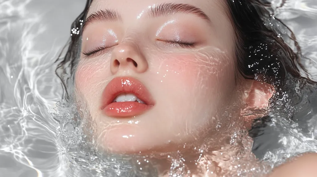 Close-up of a young woman's face partially submerged in water.  Her eyes are closed, and her skin appears dewy and smooth.  The water creates a shimmering effect, highlighting her delicate features and peach-toned blush.  Her lips are a soft coral, and her dark hair is partially visible, blending with the water's movement. The overall image evokes a sense of serenity and beauty.