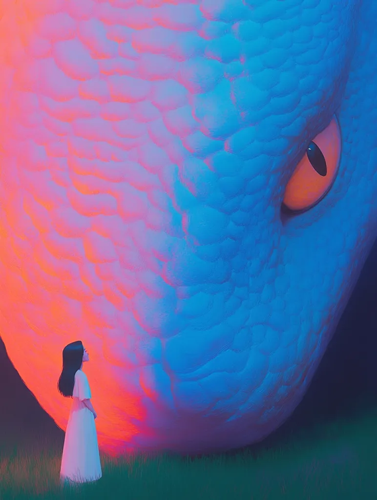 Here's a description of the image:

The illustration showcases a young girl in a white dress gazing up at a colossal, bioluminescent creature. The creature’s form is vaguely serpentine, its skin a blend of vibrant blue and warm orange, textured like scales or clouds.  One large, orange-tinged eye is visible. The girl stands in short, dark green grass, dwarfed by the immense being that dominates the frame. The overall atmosphere is surreal and dreamlike, with the color palette contributing to a sense of wonder and perhaps apprehension.