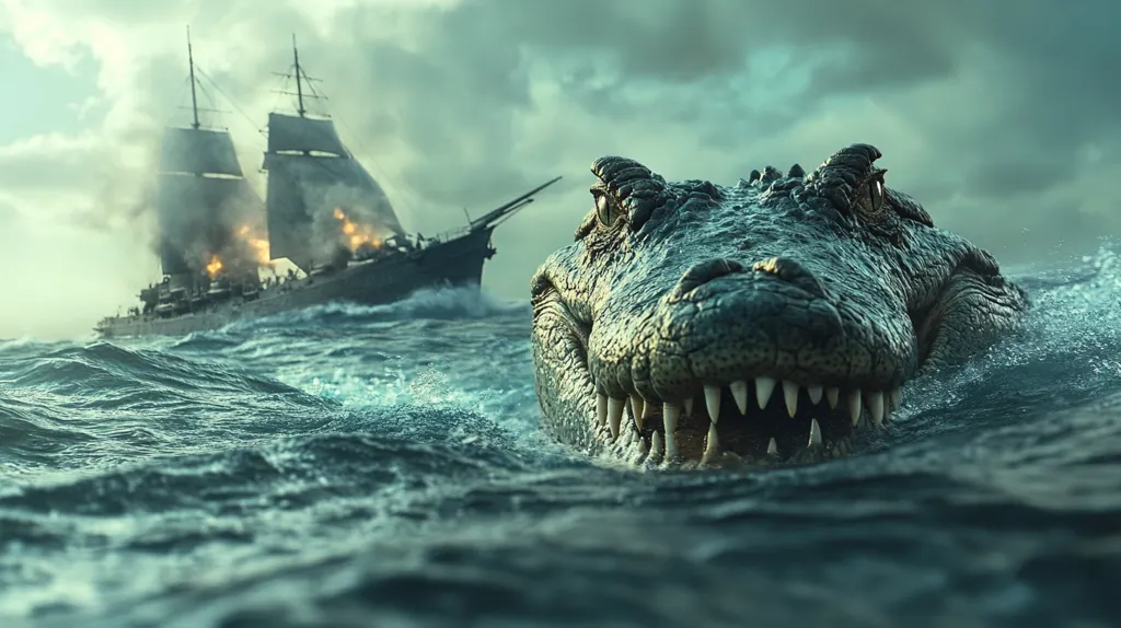 Here's a description of the image:

The image depicts a dramatic scene at sea. A large, menacing crocodile's head emerges from dark, turbulent waters, its sharp teeth bared. In the background, a burning sailing ship, seemingly under attack, is tossed about by the waves. The sky is overcast and dark, enhancing the ominous atmosphere. The overall composition creates a sense of impending danger and chaos.  The contrast between the colossal reptile and the distressed vessel underscores a powerful visual narrative.