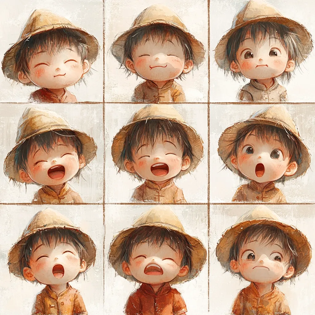 Here's a description of the image:

The image presents a charming grid of nine illustrations, each depicting a toddler-like character wearing a straw sun hat.  The child's expression subtly changes across the grid, showcasing a range of emotions from serene smiles to wide-eyed surprise and slight frowns. The artistic style is soft and painterly, with visible brushstrokes contributing to a gentle, almost whimsical feel. The background is a muted off-white, drawing attention to the expressive faces of the little character. The color palette is warm and muted, using earthy tones predominantly.